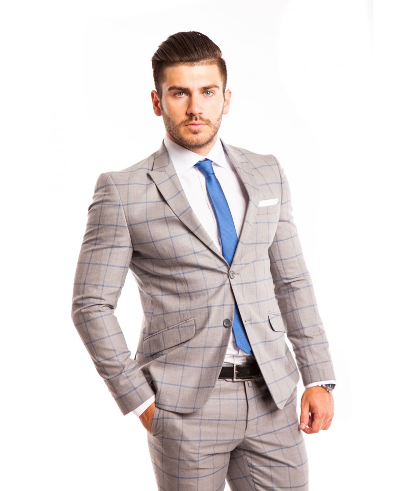 Costum PATRICK gri in carouri azurii